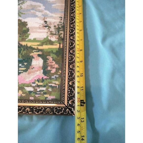 Vintage Framed Needlepoint Landscape Cottage Scene Ornate Wood Frame 10x12.5 - Picture 4 of 9